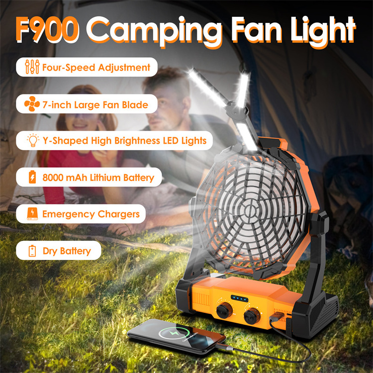 8000Mah Battery Operated Portable Fan 7 Inch Large Fan Blade Rechargeable Outdoor Camping Lantern Fan