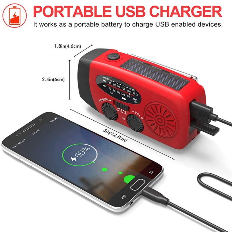 Portable solar powered hand winding charge solar flashlight  hand crank  power bank radio with flashlight