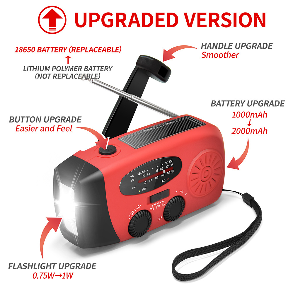 MEDING MD-088 Emergency solar hand crank 2000mah WB radio with phone charger and LED torch