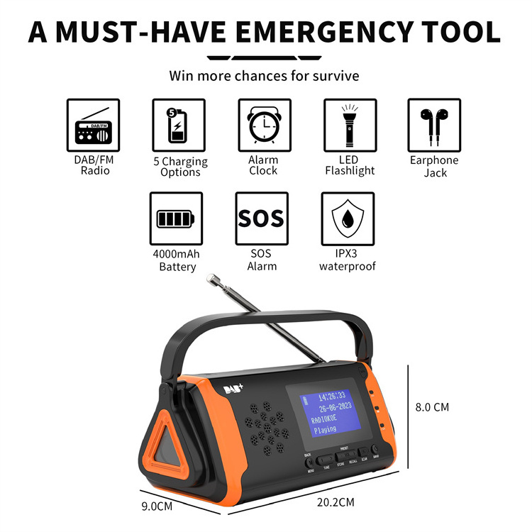 FM DAB Emergency Phone Charger Crank Solar Radio with Torch