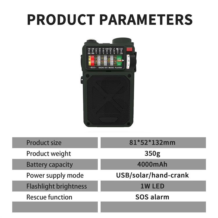 Survival Radio Portable Solar Hand Crank 4000mAh Powerbank AM/FM/SW Emergency BT Speaker Mini Home Radio