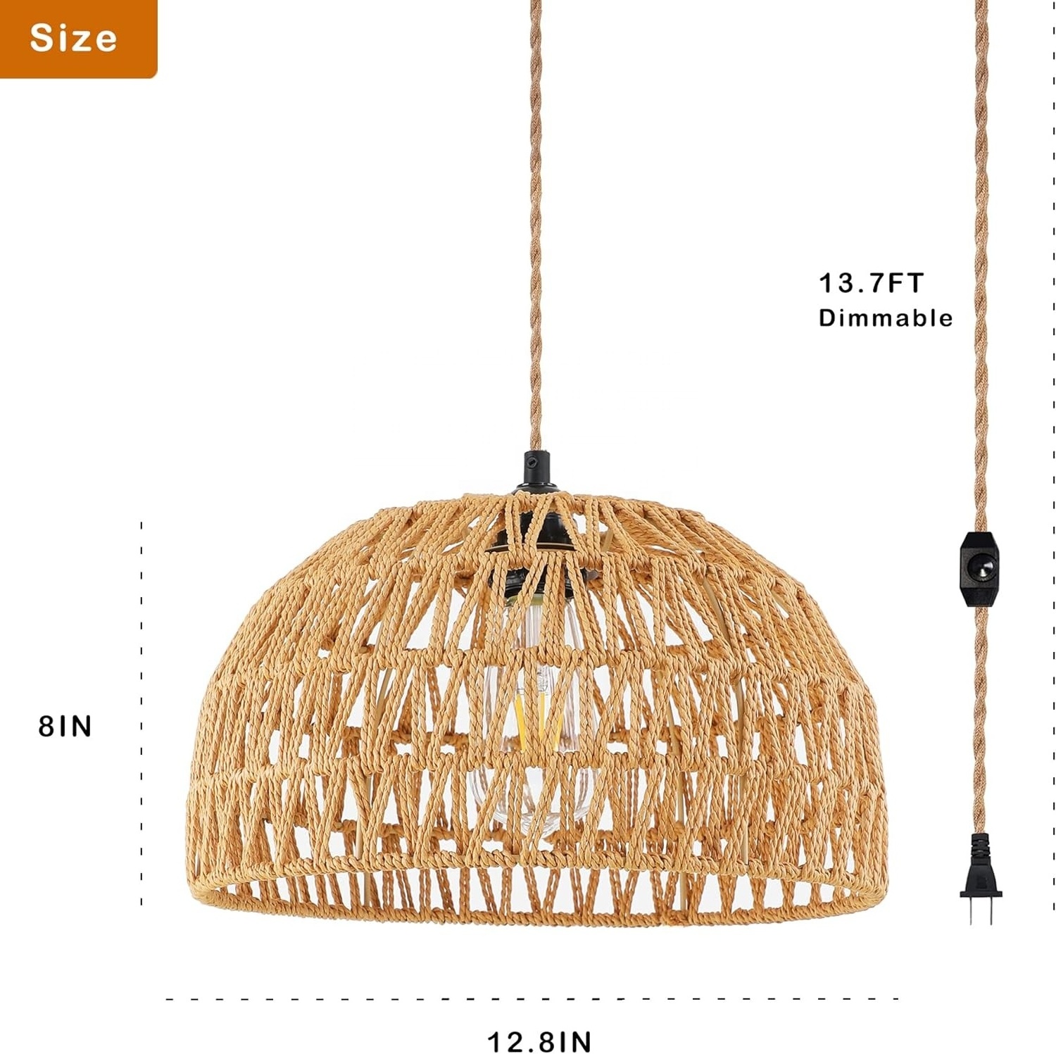 OPPstable Plug in Pendant Light Rattan Hanging Lights ,Boho Plug in Ceiling Light Fixtures