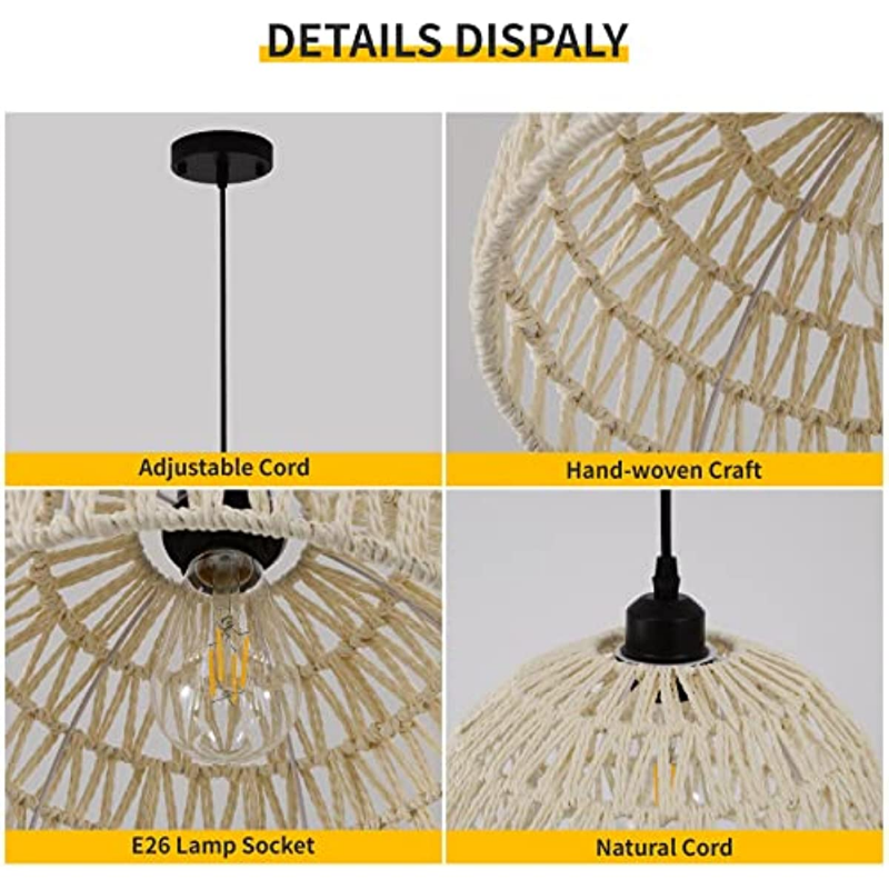 Rattan Pendant Light Fixtures Hanging, Lamp Basket Light Fixture for Kitchen Dining Room Hallway Bedroom