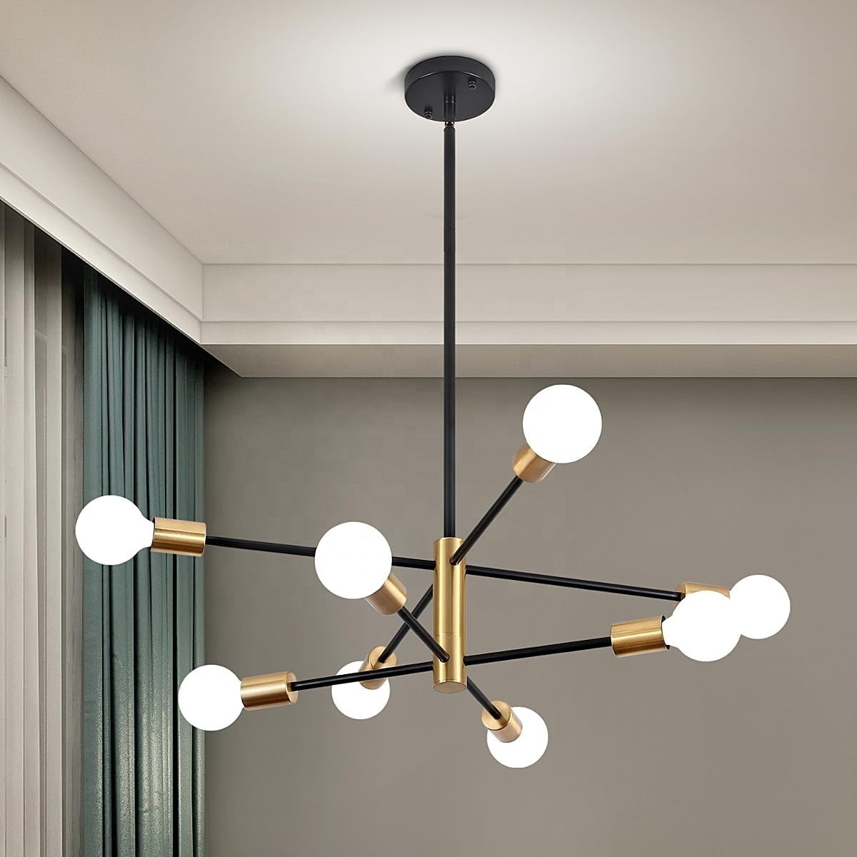 Mid Century Modern Sputnik Gold & Black, 8-Light Chandelier Semi Flush Mount Ceiling Light for Dining Room Study Office