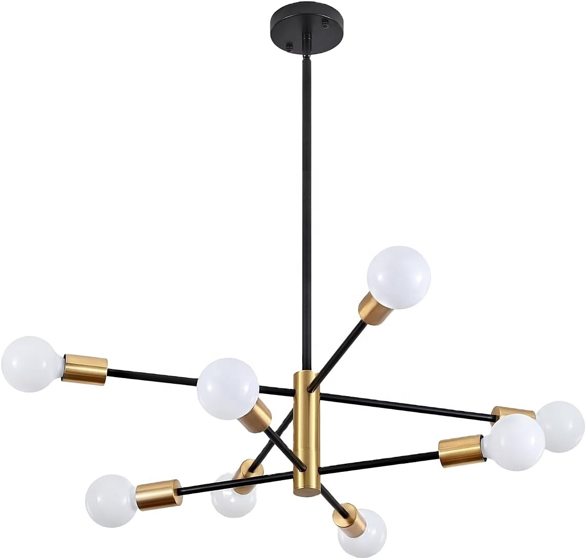 Mid Century Modern Sputnik Gold & Black, 8-Light Chandelier Semi Flush Mount Ceiling Light for Dining Room Study Office