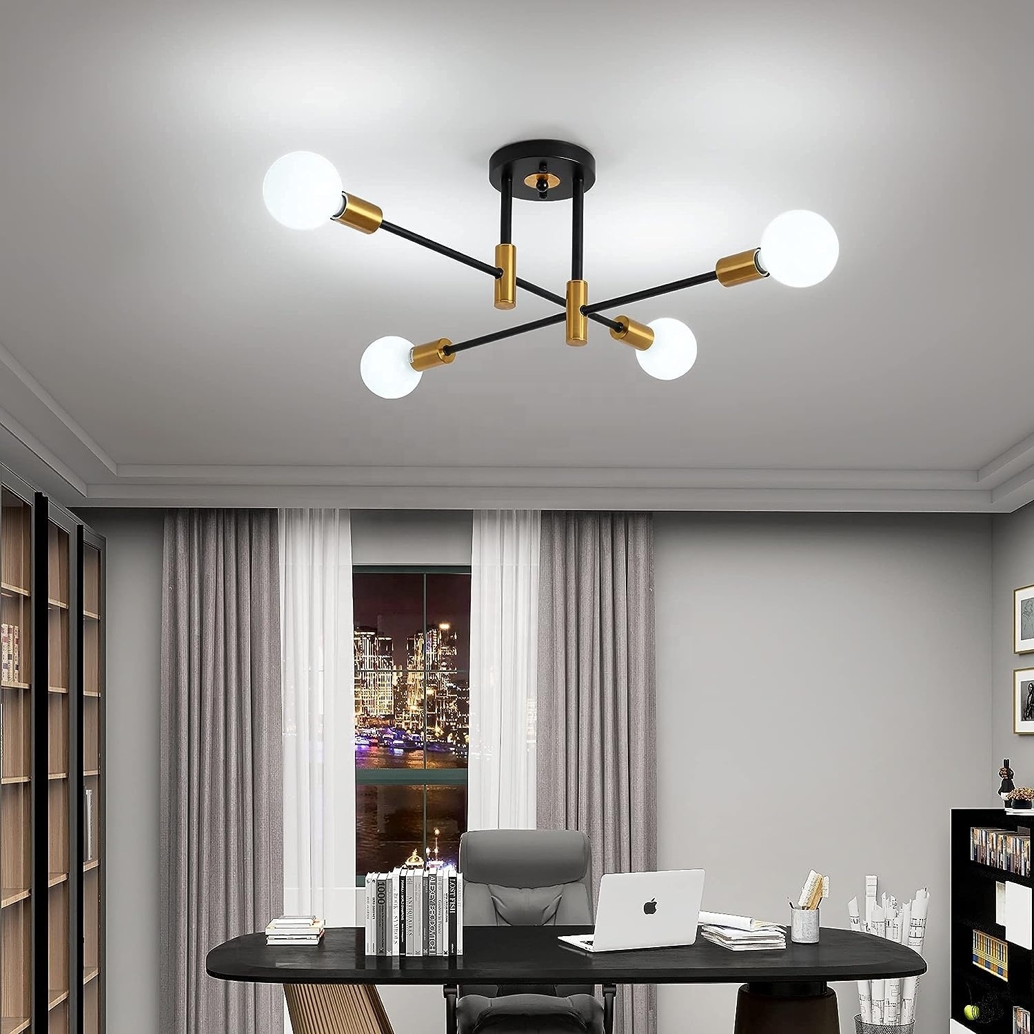 Modern Sputnik Mid Century Black gold Pendant Lighting Semi Flush Mount Ceiling Light Adjustable Arm Chandelier Light Fixture