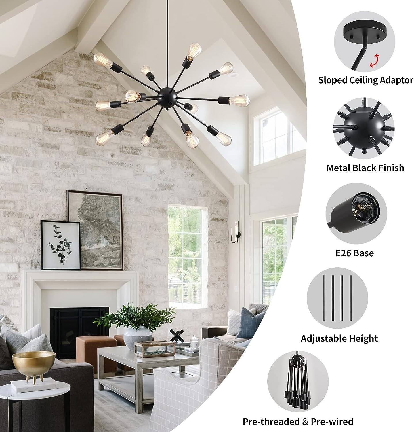 Black Modern Vintage Industrial Matte Sputnik 12 Lights Adjustable Chandelier for Dining Room Ceiling Lighting Fixtures