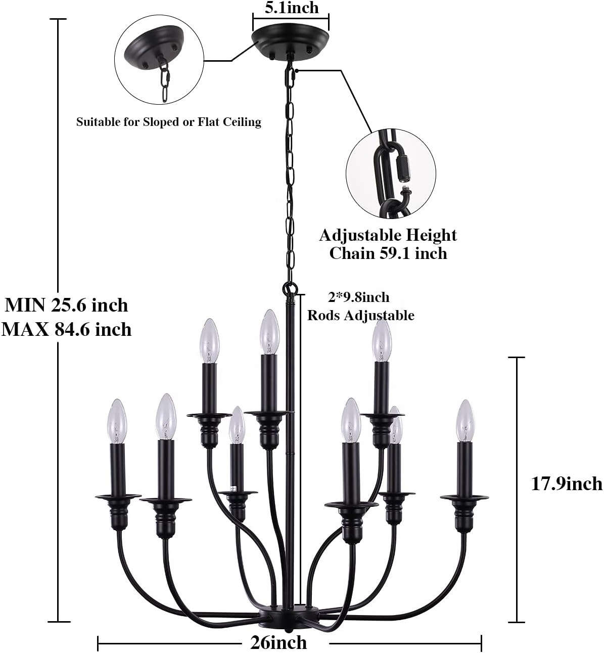 Nordic top luxury country villa style Candle Matte Black 9-Light,indoor led can be adjusted Chandelier Ceiling light