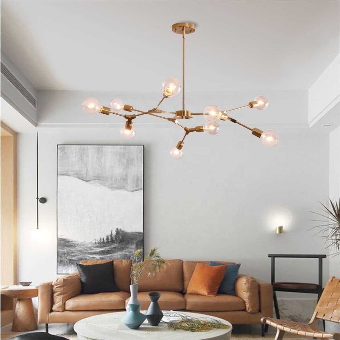 Medieval modern light luxury creative Sputnik Chandelier Metal Brushed Brass Hanging light 9 bulb