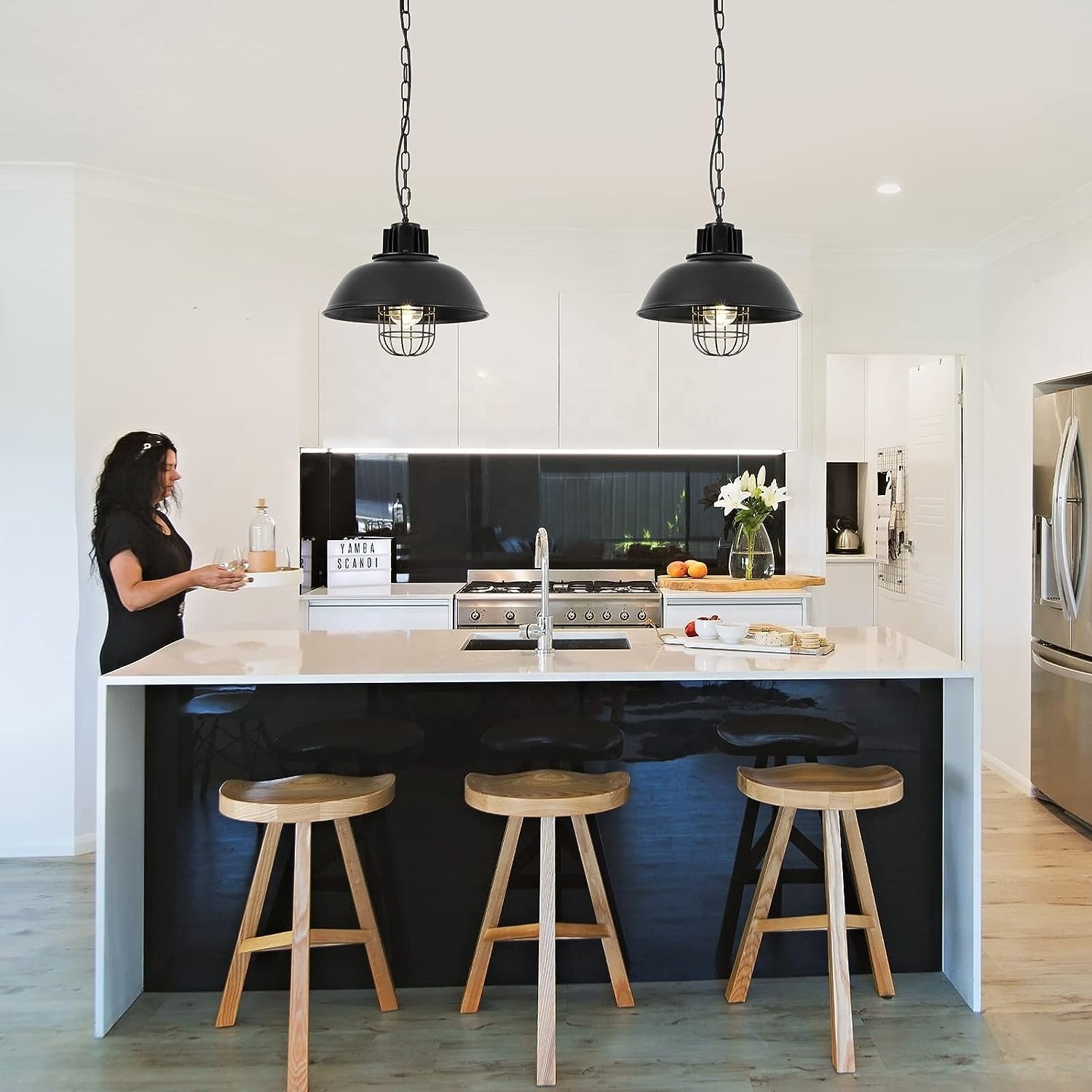 Black vintage industrial wire cage chandeliers, farmhouse bar kitchen island ceiling lights