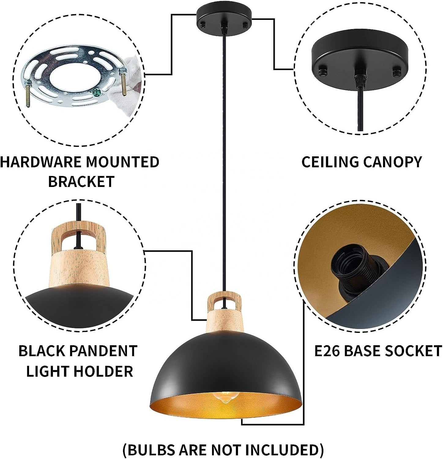 Black Industrial chandelier,Wood Hanging Light Fixtures for Kitchen Island,Metal Dome Pendant Lamp