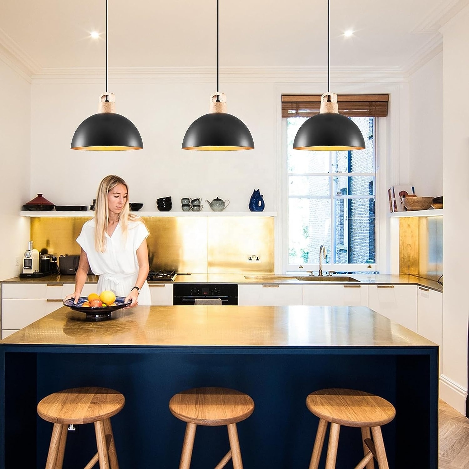 Black Industrial chandelier,Wood Hanging Light Fixtures for Kitchen Island,Metal Dome Pendant Lamp