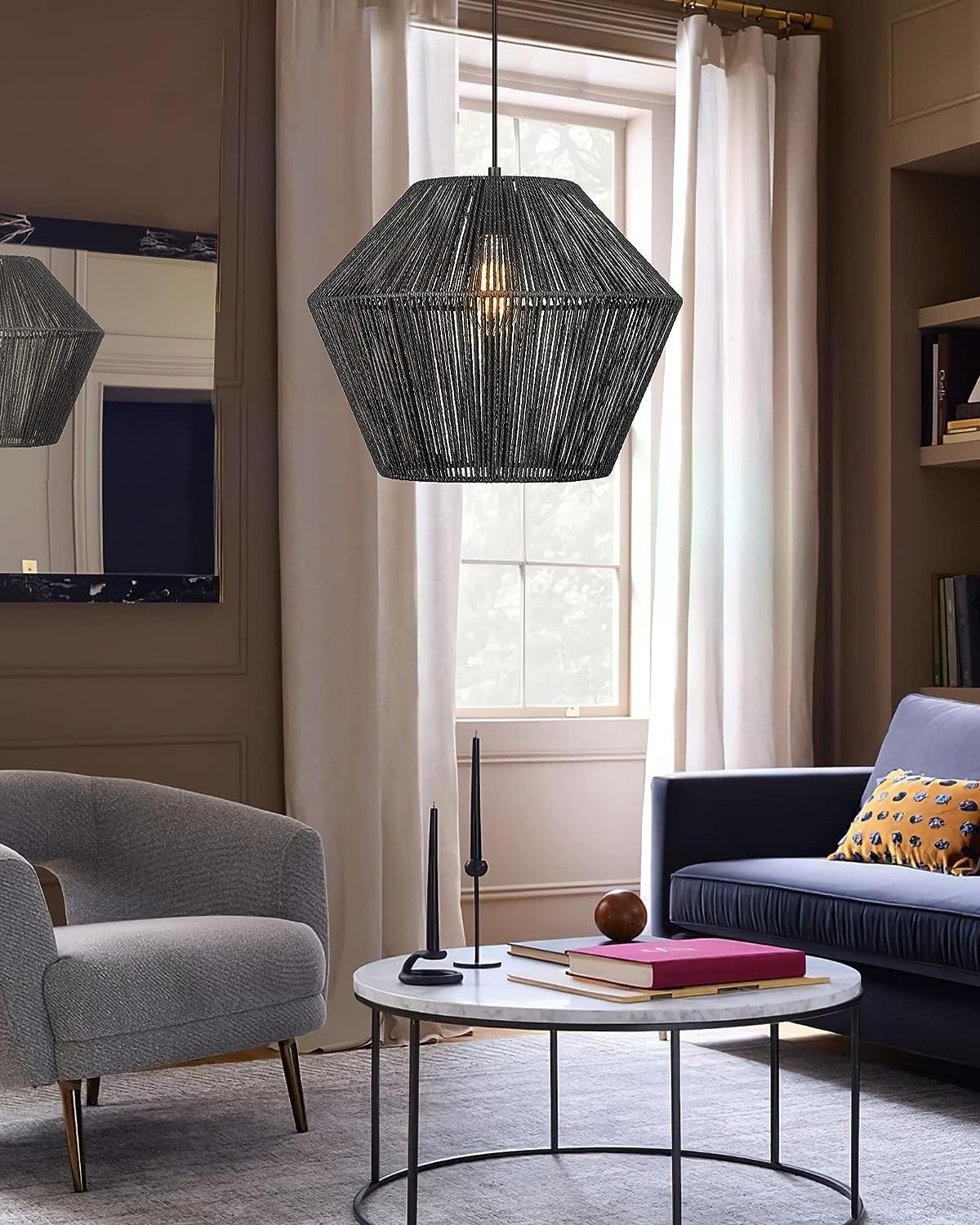 Modern Woven Pendant Light Fixtures,Farmhouse Coastal Hanging Lamp,Matte Black Pendant Light