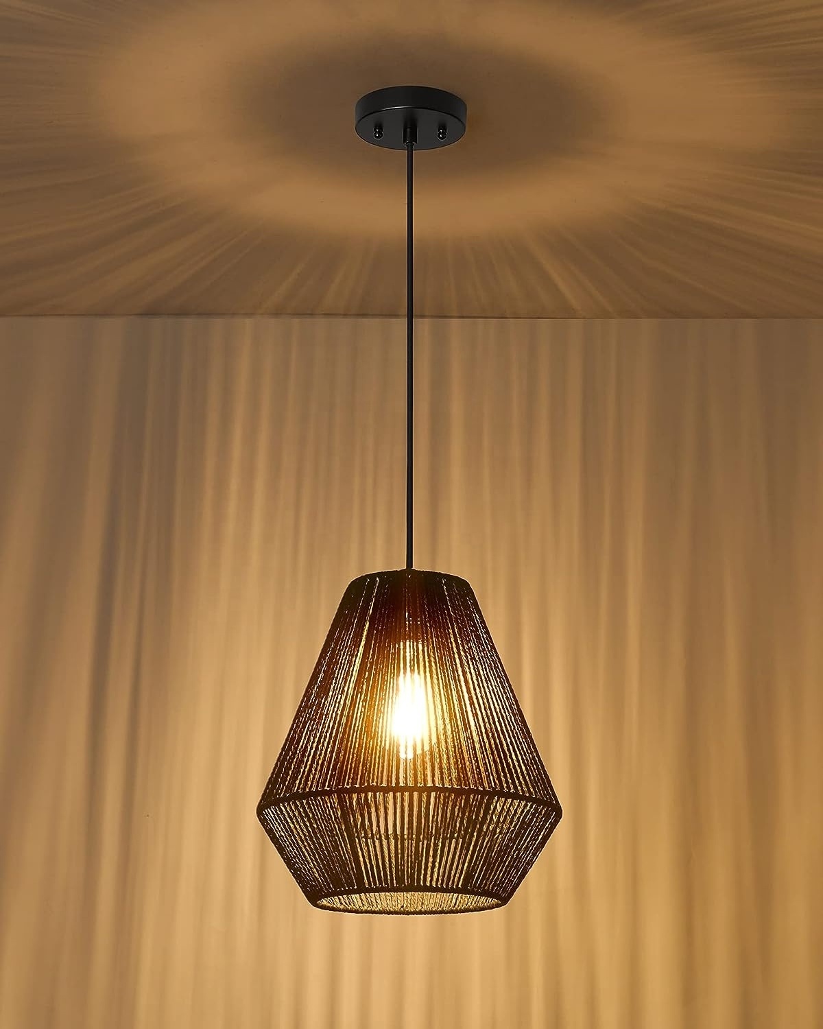 Modern Woven Pendant Light Fixtures,Farmhouse Coastal Hanging Lamp,Matte Black Pendant Light