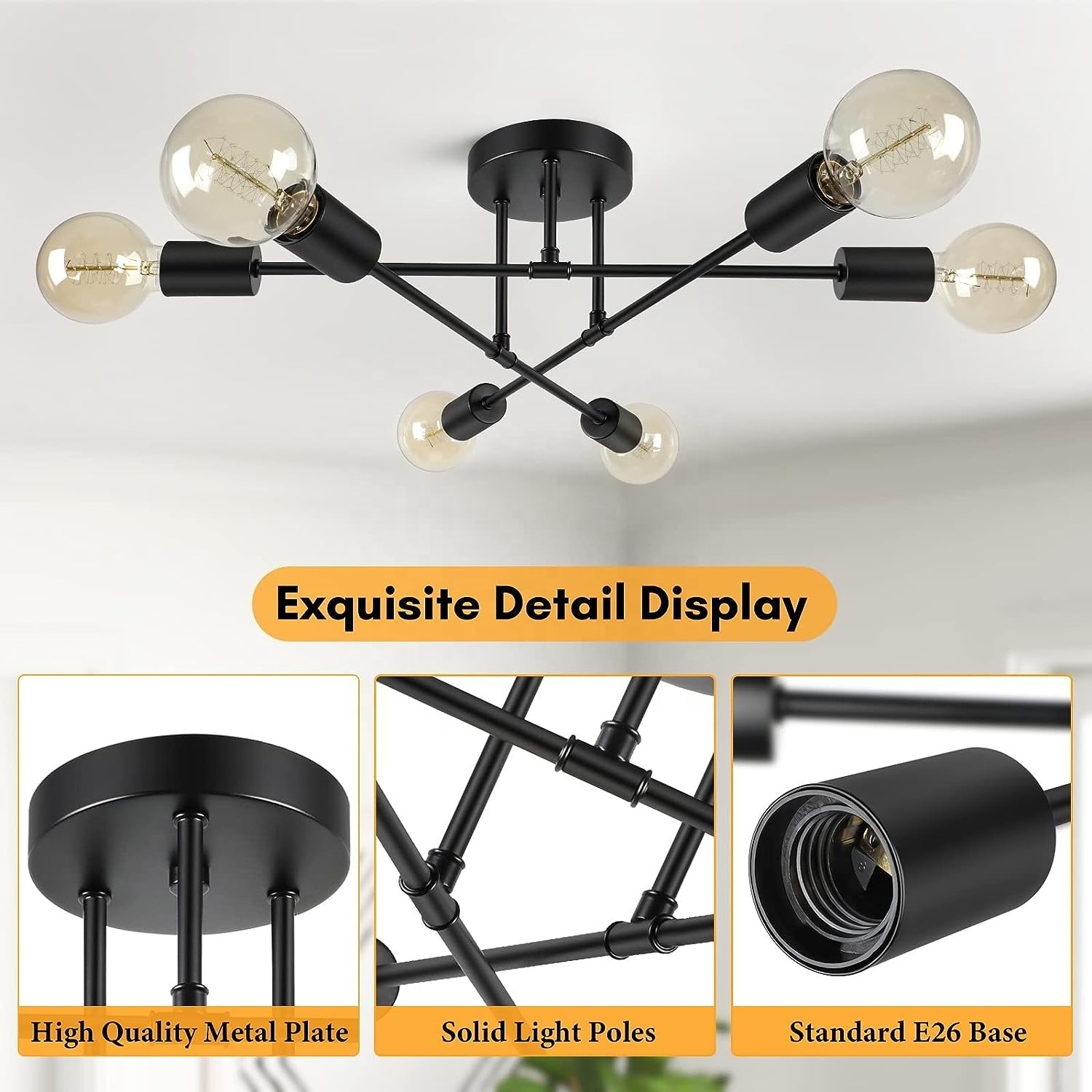 Woholitable Industrial Black Modern Sputnik Chandelier 6-Light Semi Flush Mount Ceiling Light for Dining Room Hallway