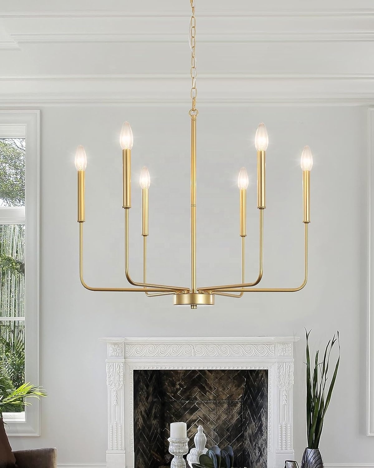 Gold Chandelier Light Fixture 6 Lights Farmhouse Candle Brass Ceiling Hanging Chandeliers