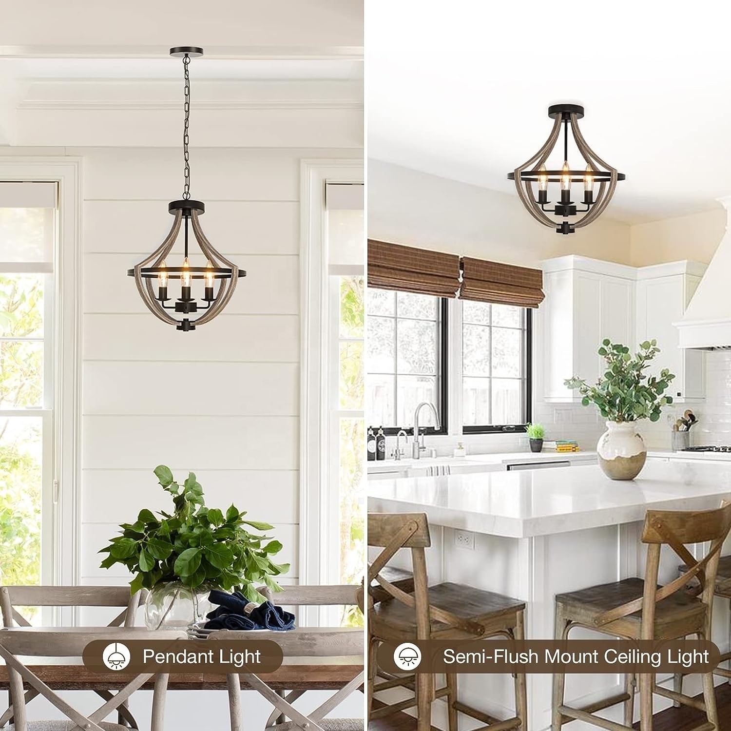 Farmhouse Light Fixtures Chandelier, 4-Light Rustic Flush Mount Ceiling Light, Modern Faux Wood Light Fixture