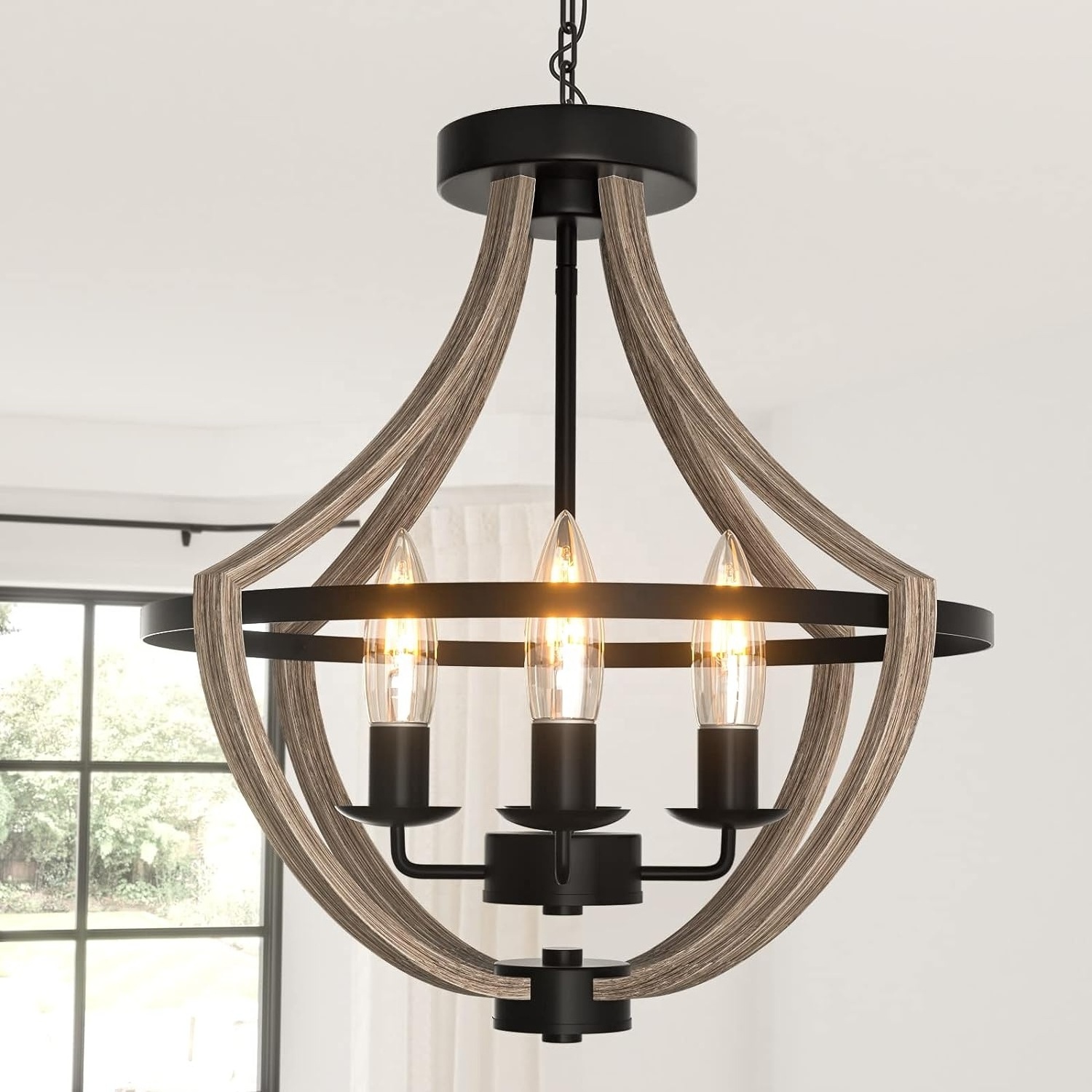 Farmhouse Light Fixtures Chandelier, 4-Light Rustic Flush Mount Ceiling Light, Modern Faux Wood Light Fixture