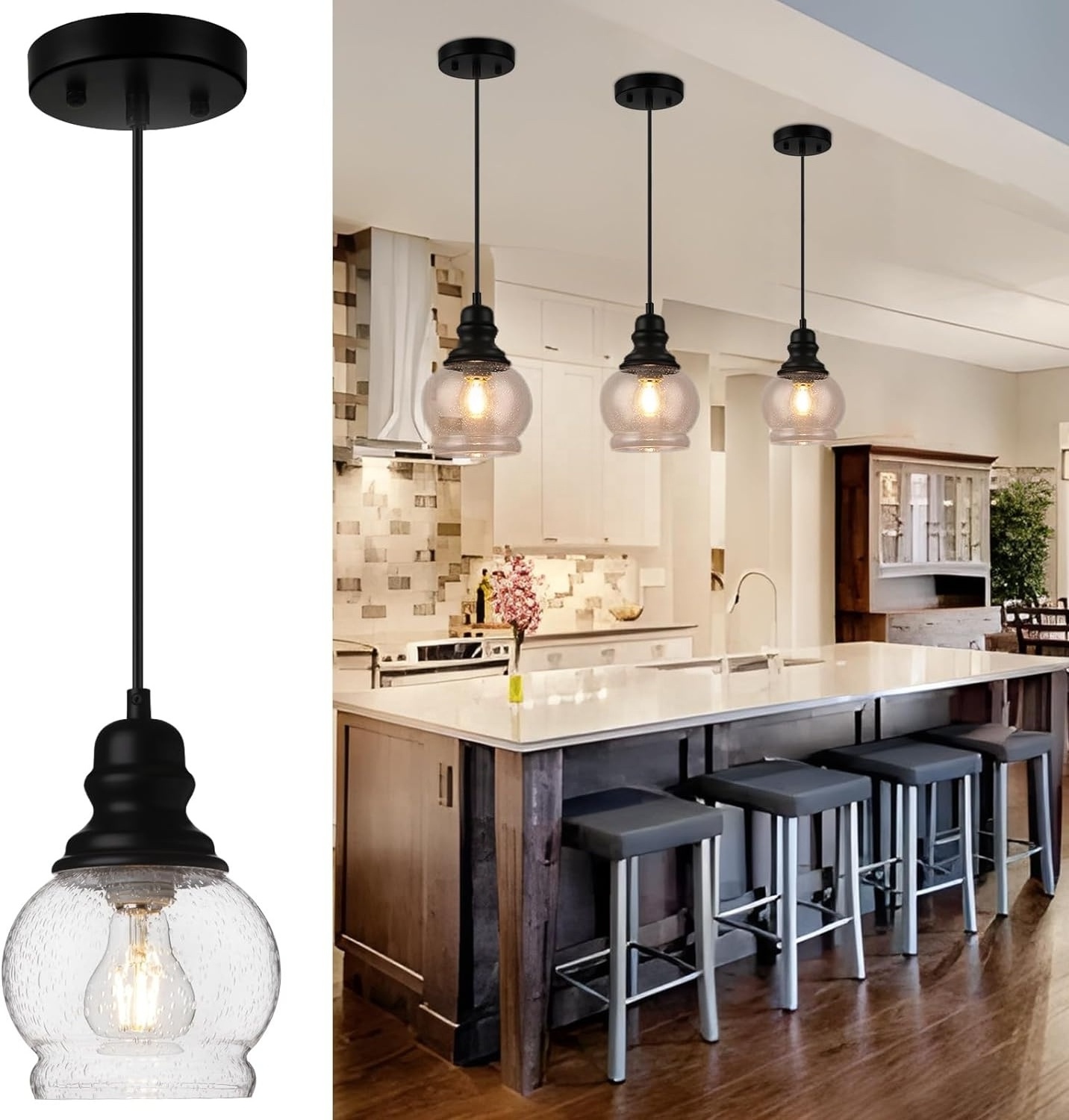 Woholitable Modern glass Pendant Light, Nordic farmhouse hanging chandelier, black kitchen island ceiling light