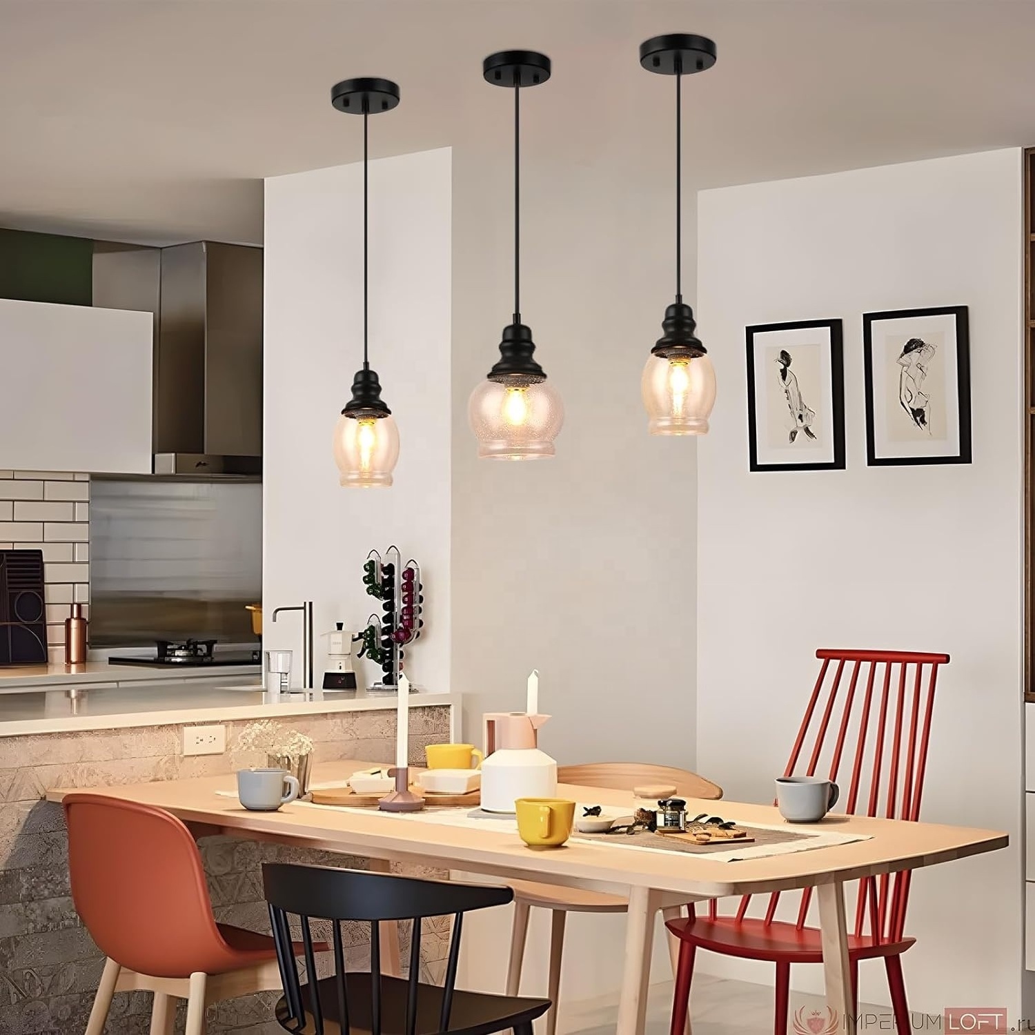 Woholitable Modern glass Pendant Light, Nordic farmhouse hanging chandelier, black kitchen island ceiling light