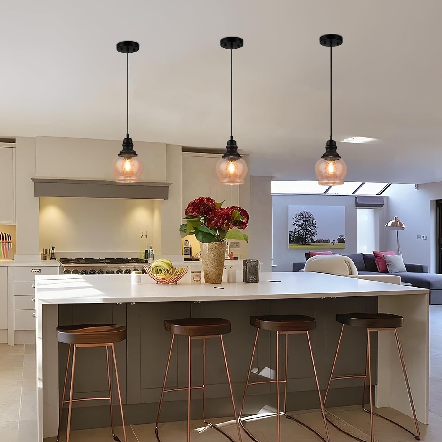 Woholitable Modern glass Pendant Light, Nordic farmhouse hanging chandelier, black kitchen island ceiling light