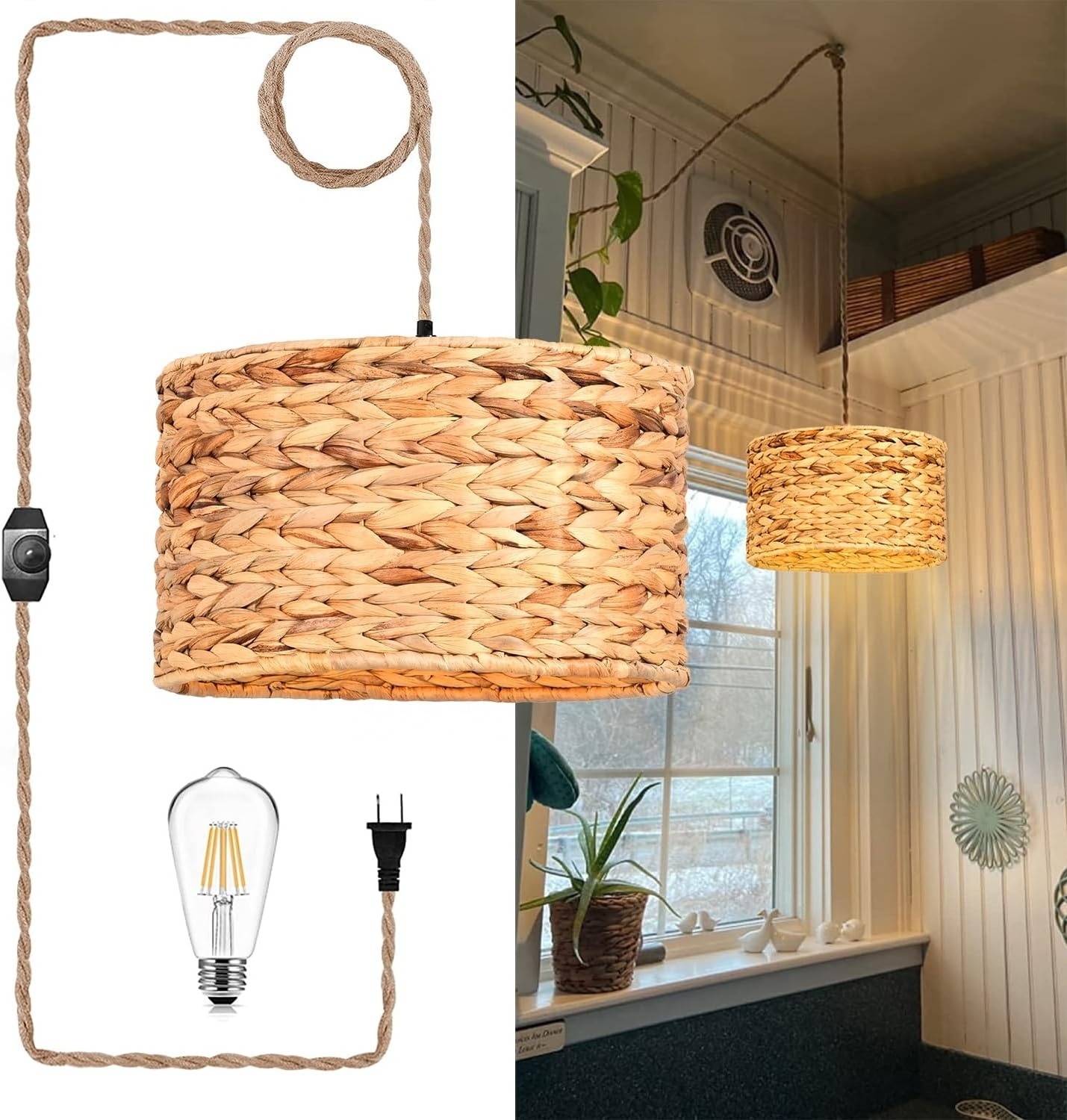 OPPstable Hand-Woven Rattan Pendant Light Round Transitional Minimalist Boho Large Pendant Light