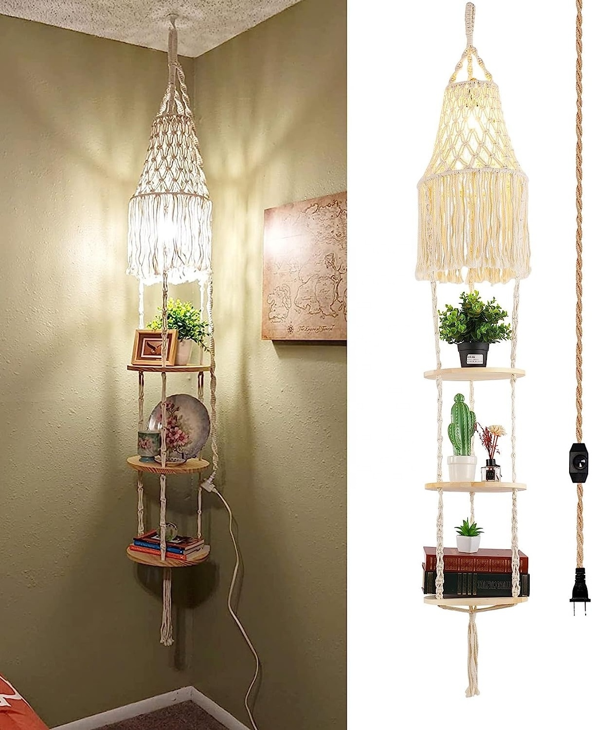 OPPstable Plug in Pendant Light,3 Tier Hanging Plant Shelf Shelves Bohemian Decor chandelier lamp