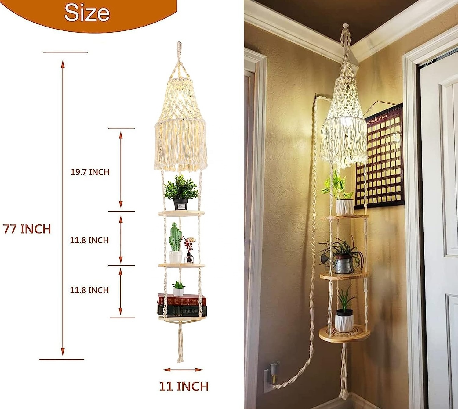 OPPstable Plug in Pendant Light,3 Tier Hanging Plant Shelf Shelves Bohemian Decor chandelier lamp