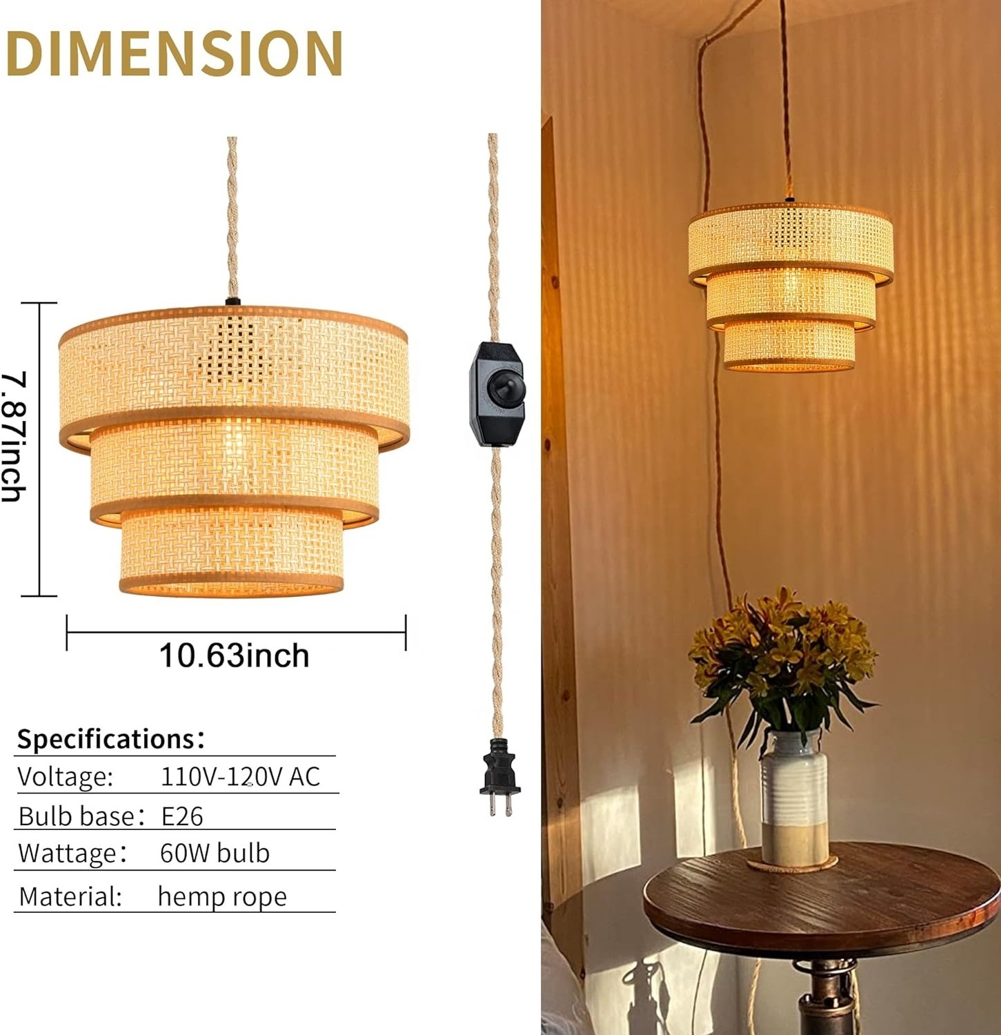 OPPstable Plug in Pendant Light Cord Dimmable Rattan Hanging Lamp Wicker Woven Drum Lampshade Ceiling Light Fixture