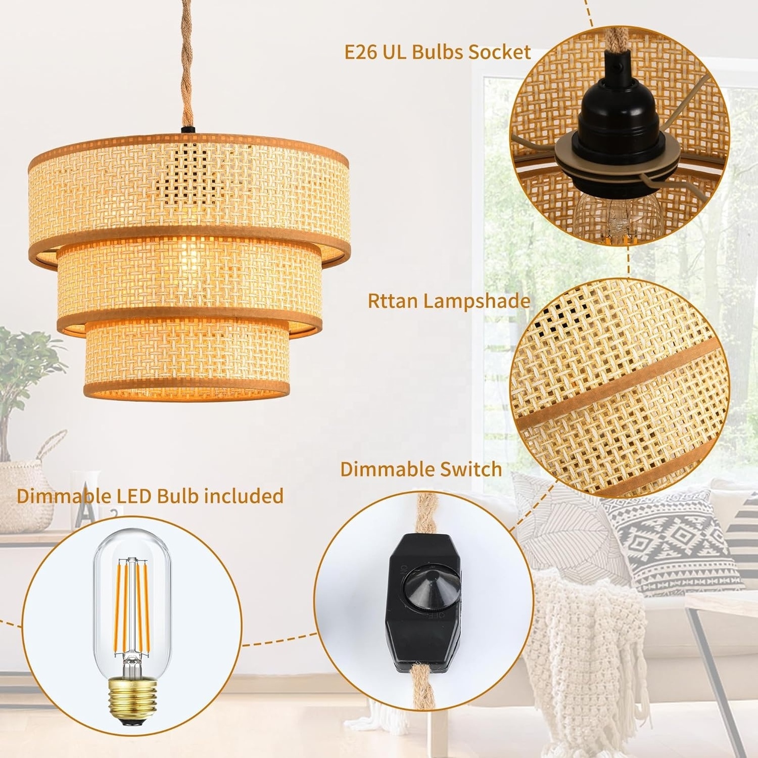 OPPstable Plug in Pendant Light Cord Dimmable Rattan Hanging Lamp Wicker Woven Drum Lampshade Ceiling Light Fixture