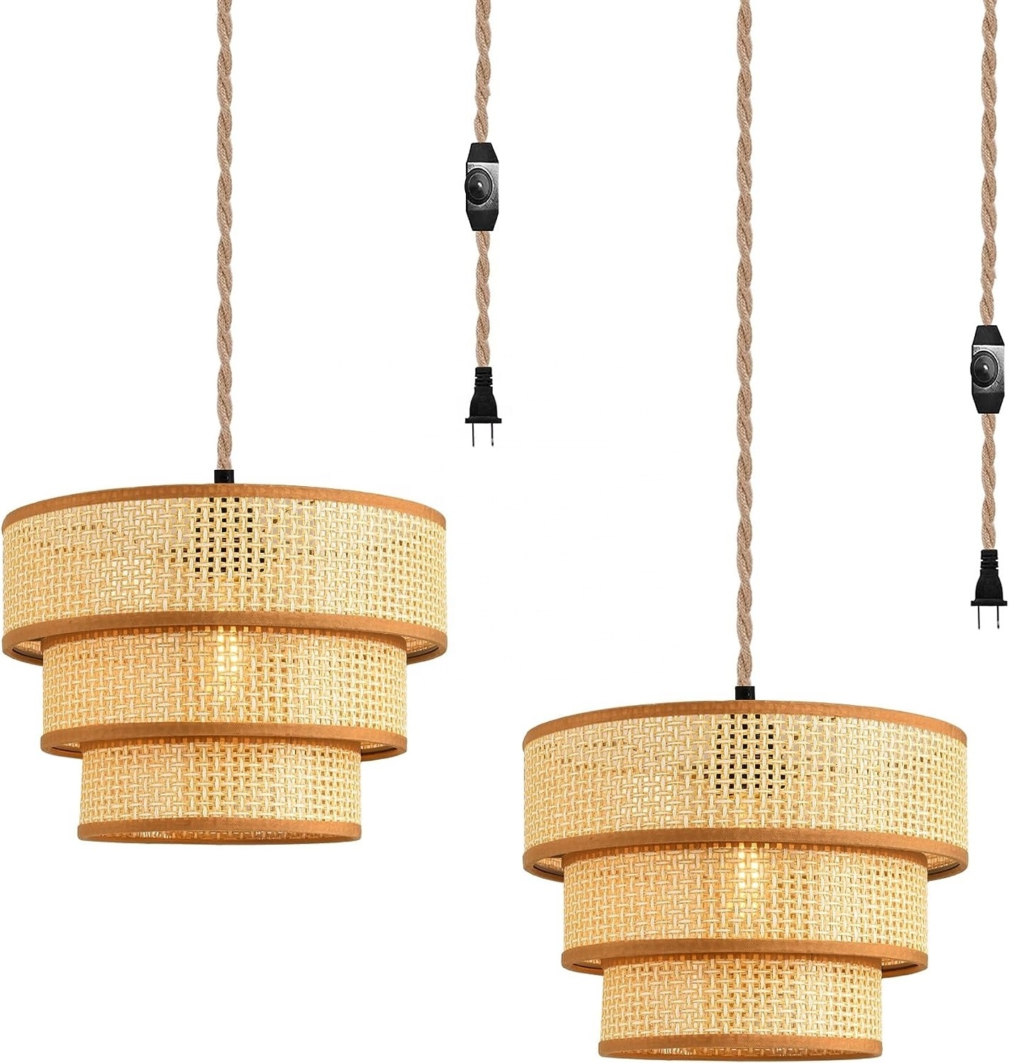 OPPstable Plug in Pendant Light Cord Dimmable Rattan Hanging Lamp Wicker Woven Drum Lampshade Ceiling Light Fixture