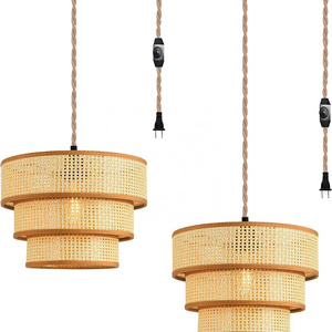 OPPstable Plug in Pendant Light Cord Dimmable Rattan Hanging Lamp Wicker Woven Drum Lampshade Ceiling Light Fixture