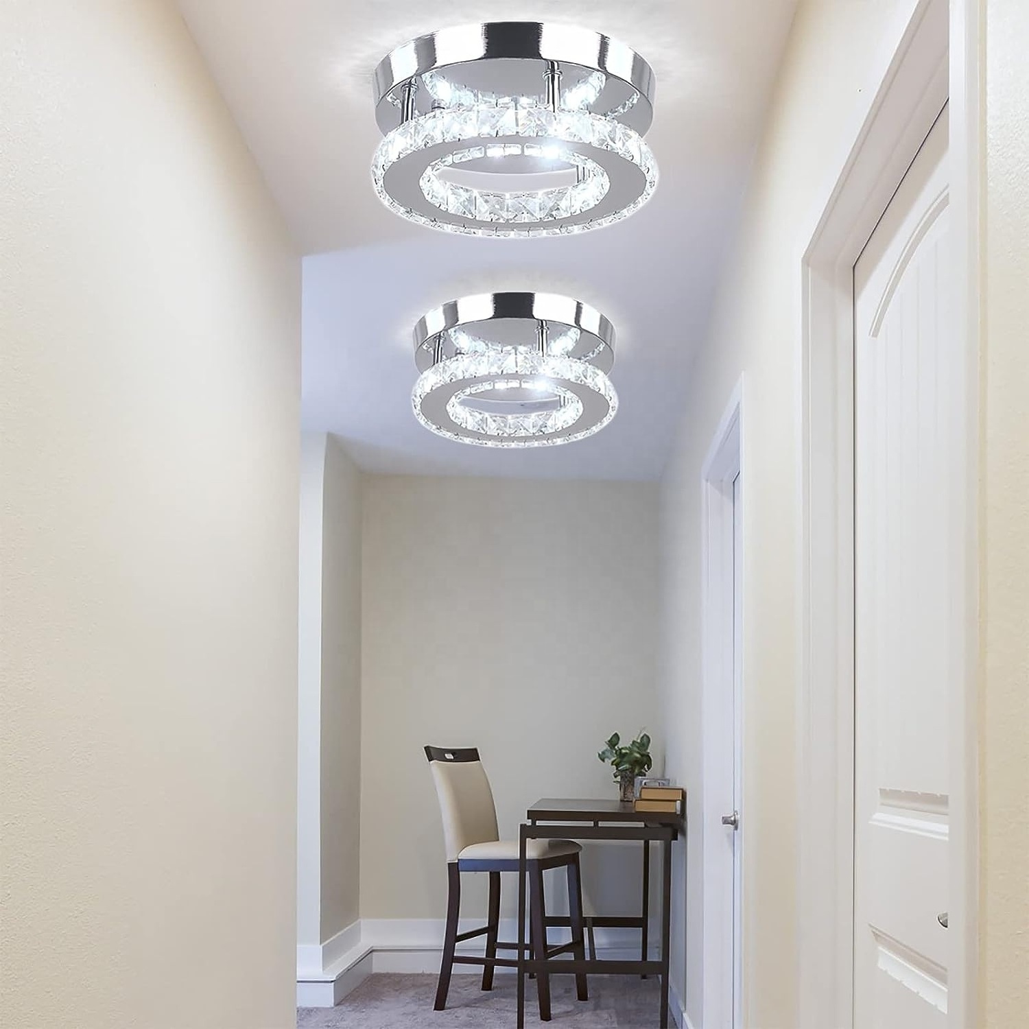 Woholitable Crystal Ceiling Light Small Chandeliers LED Semi Flush Modern Cold White Mini Light Fixture