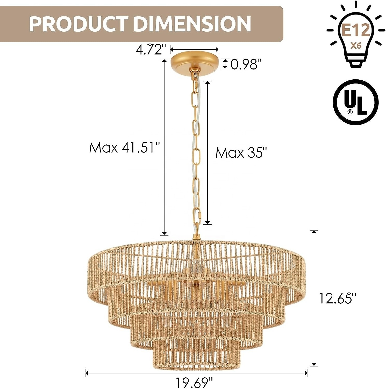 OPPstable 6-Lights Hand-Woven Rattan Pendant Light 4 Round Transitional Minimalist Boho Large Pendant Light