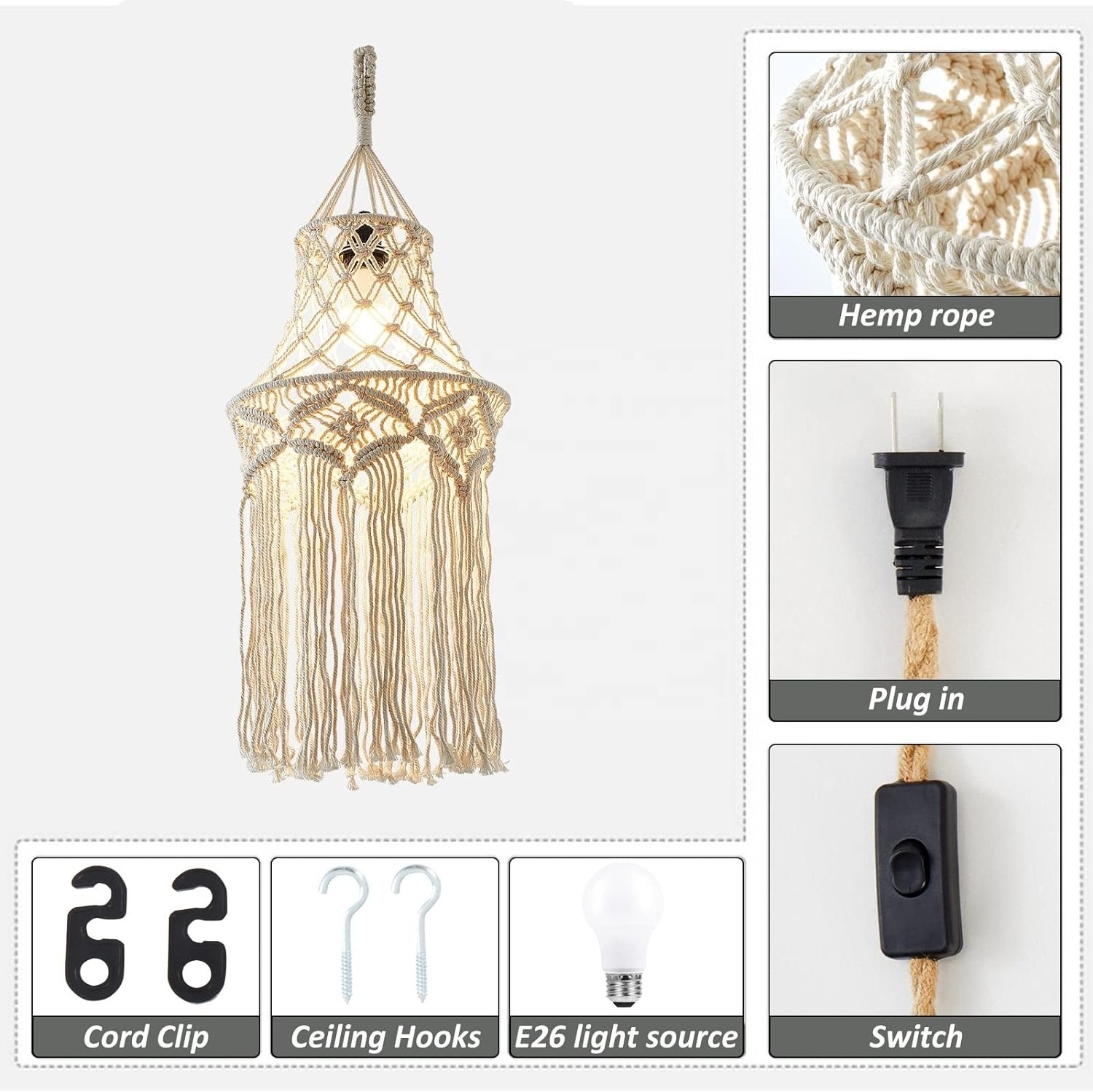 OPPstable Boho Lamp Plug in Pendant Light,Hanging Lamp with Handmade Macrame Lamp Shade