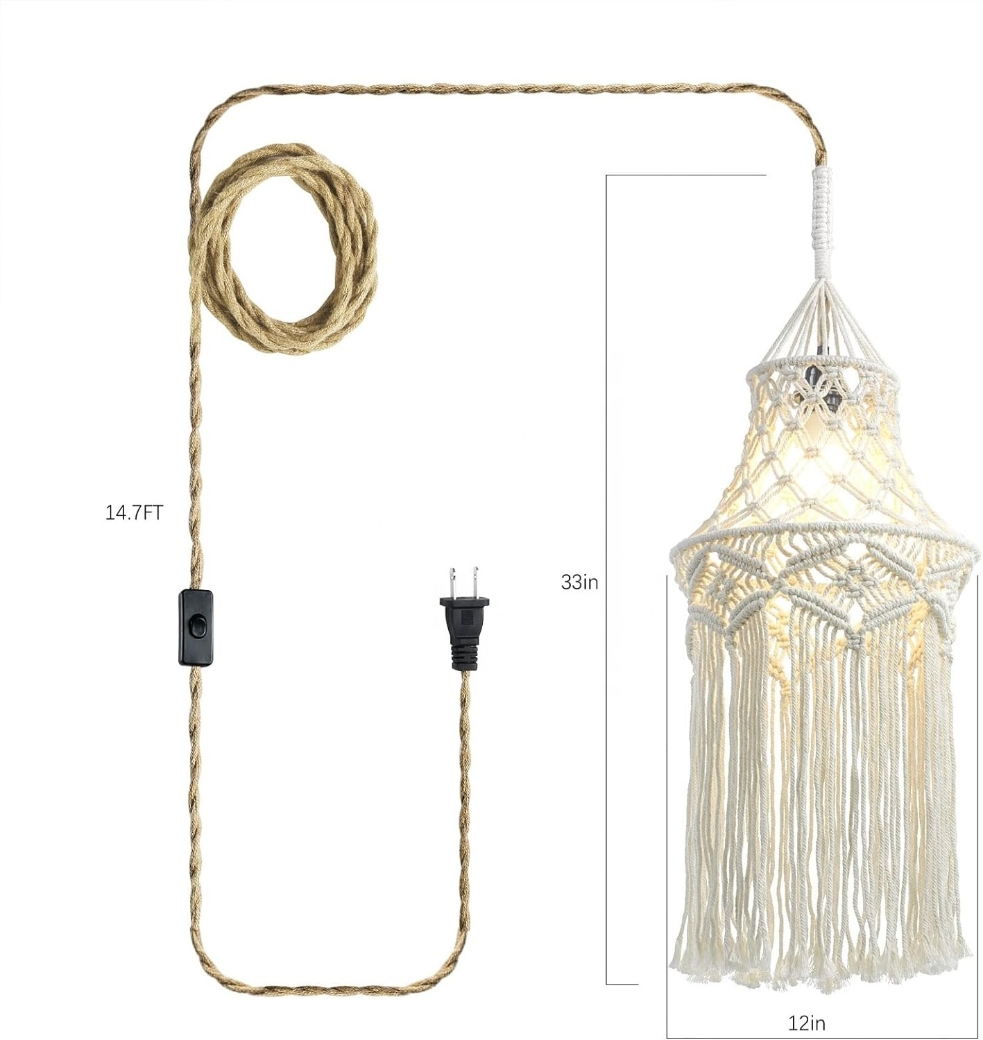 OPPstable Boho Lamp Plug in Pendant Light,Hanging Lamp with Handmade Macrame Lamp Shade