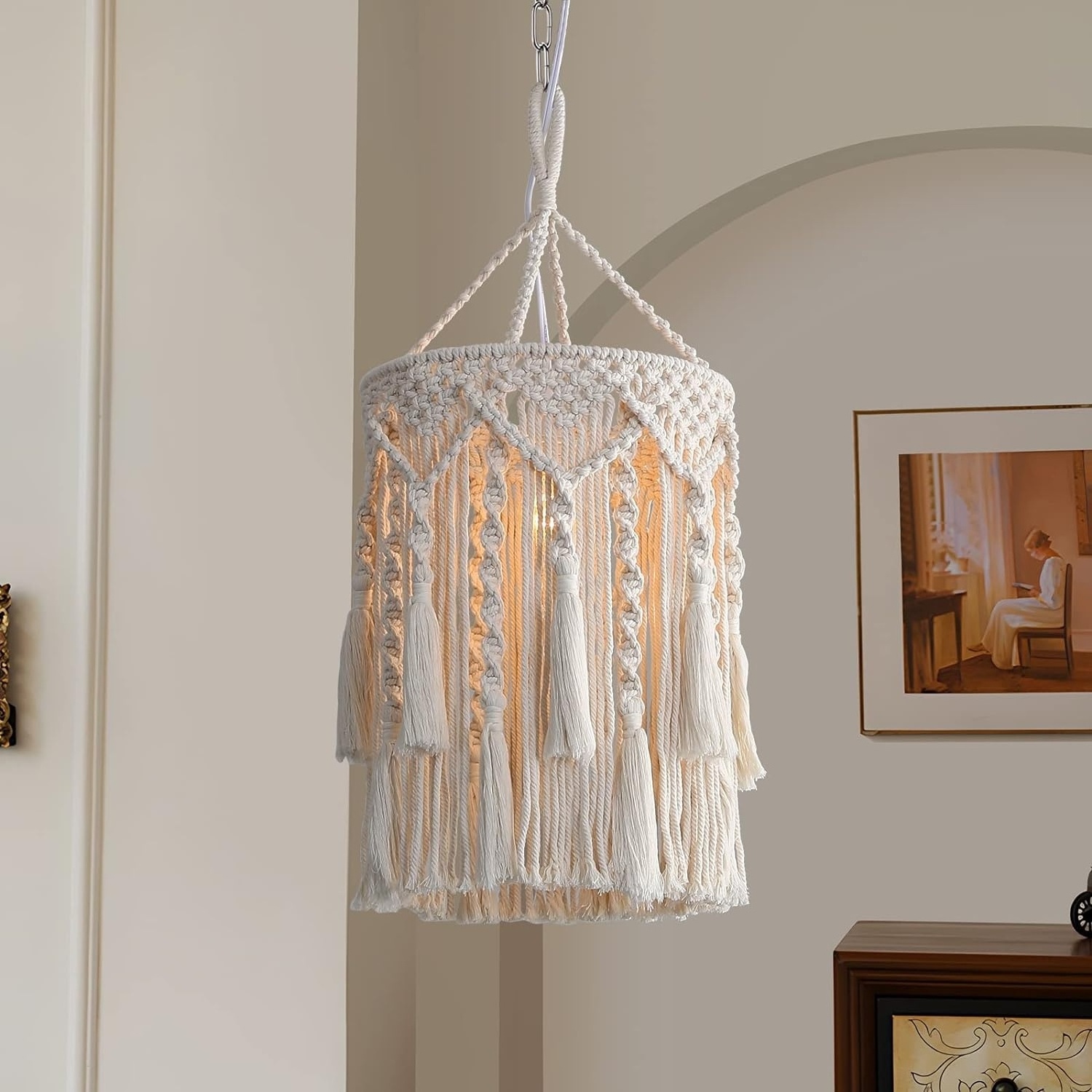 OPPstable Boho Lamp Shade,Boho Hanging Lamp Handmade Macrame Lamp Shade Plug in Pendant Light