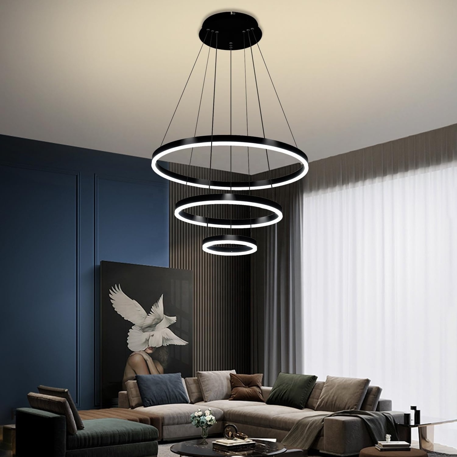 Woholitable Dimmable 3 Ring Pendant Light Dining Room 86W Black Modern Chandelier Lighting