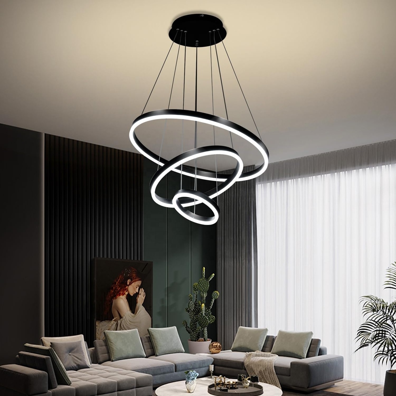 Woholitable Dimmable 3 Ring Pendant Light Dining Room 86W Black Modern Chandelier Lighting