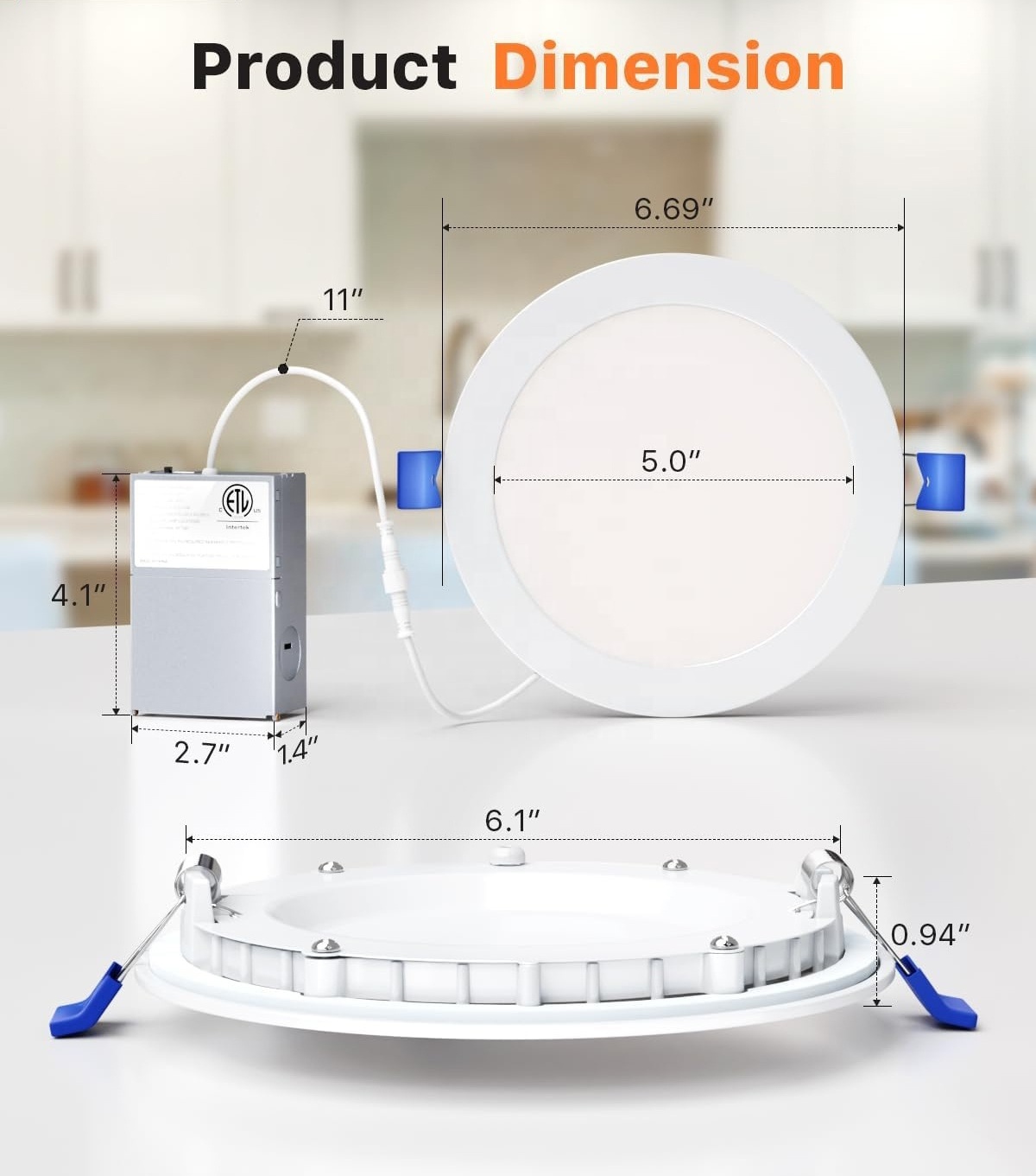 6 Inch LED Recessed Ceiling Light with Night Light, 2700K/3000K/3500K/4000K/5000K Selectable Ultra-Thin Recessed Lighting