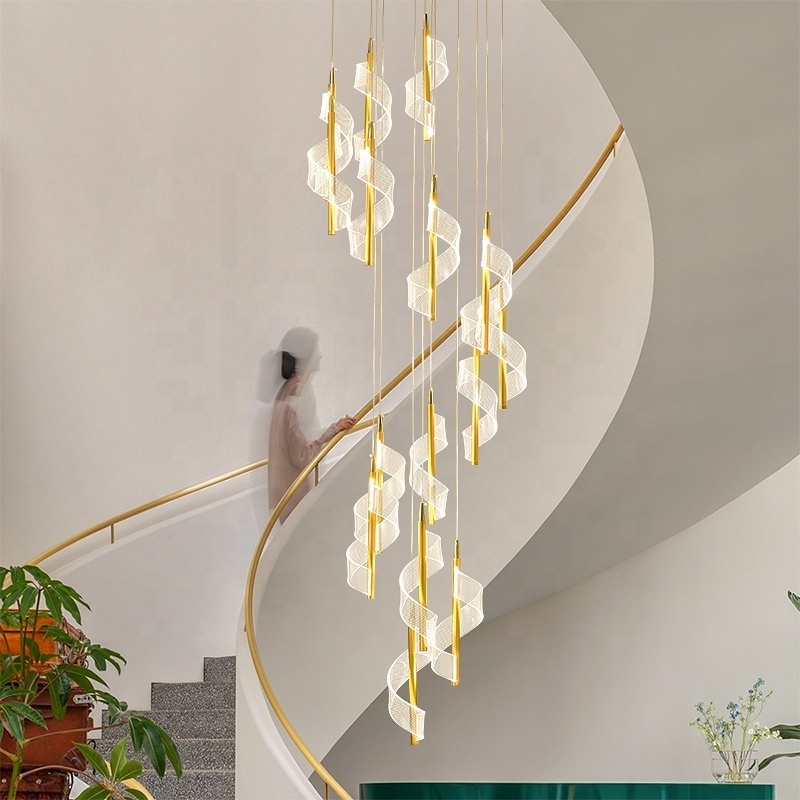 Modern Gold Chandelier,Pendant titanium gold stair chandelier Adjustable Height Hanging Ceiling Light Fixture