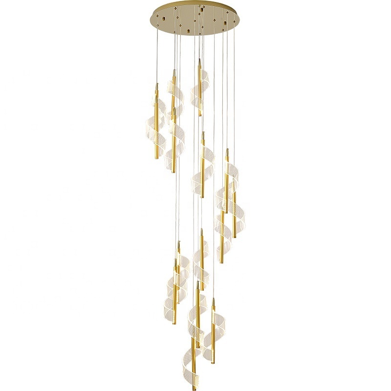 Modern Gold Chandelier,Pendant titanium gold stair chandelier Adjustable Height Hanging Ceiling Light Fixture