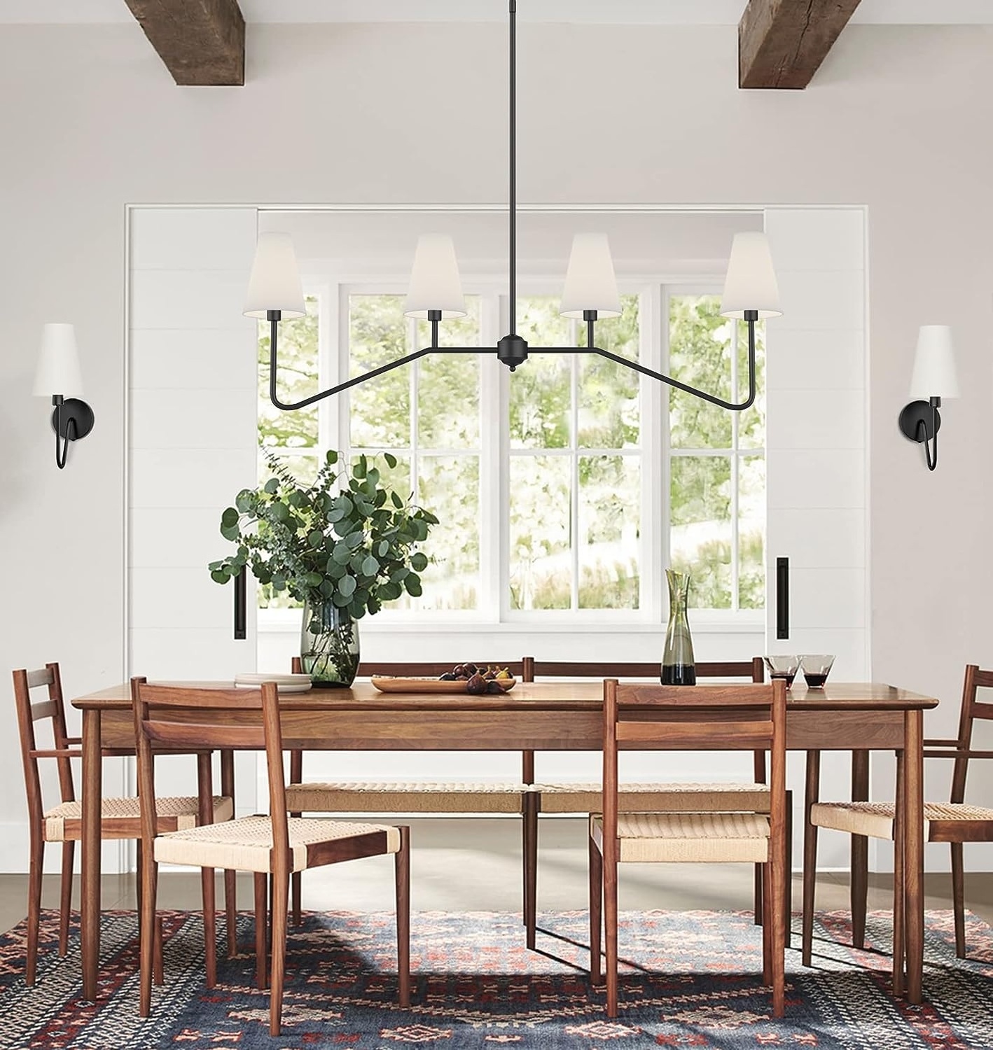 Classic Chandeliers Matt Black with White Linen Shades,Linear Kitchen Island Lighting Fixture