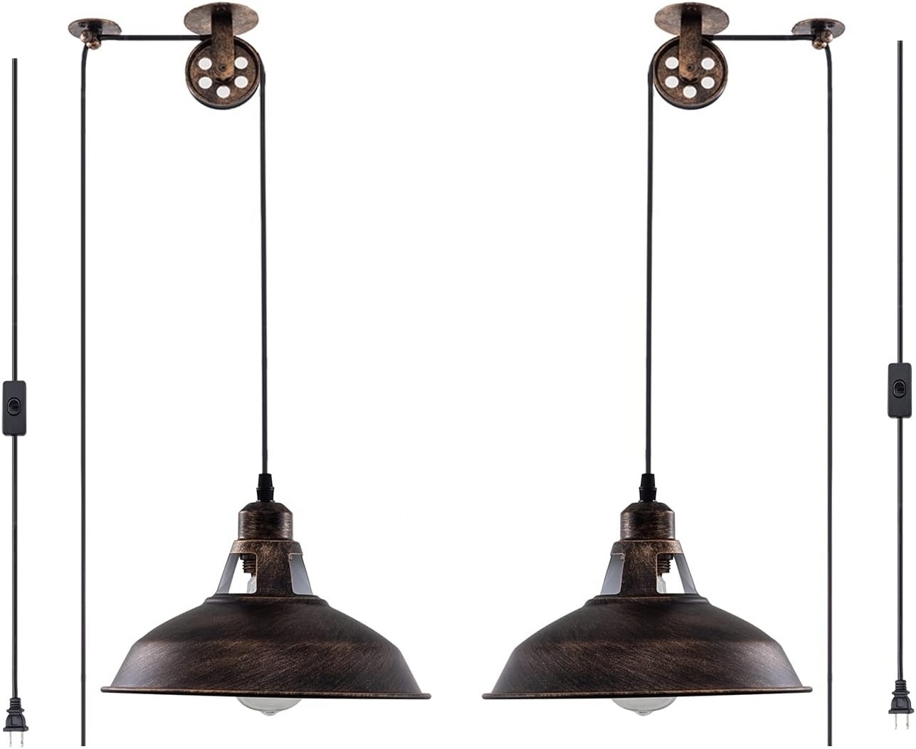 woholitable  Plug in Pendant Light Industrial Pulley Pendant Lamp E26 Vintage Hanging Light Fixture With Sink Aged Bronze