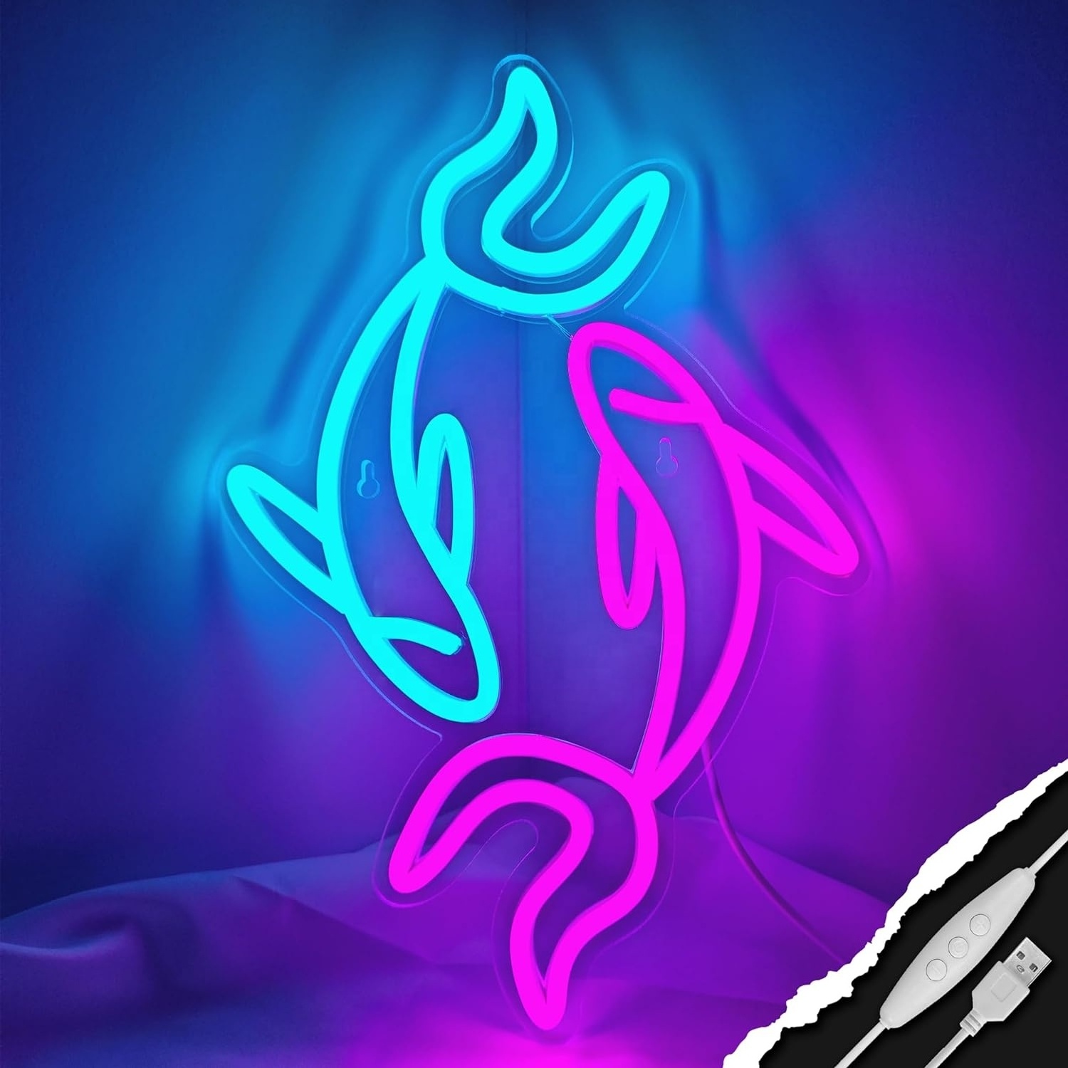 Fish Neon Sign Koi Fish Neon Lights Sign for Wall Decor Dimmable LED Night Light Signs