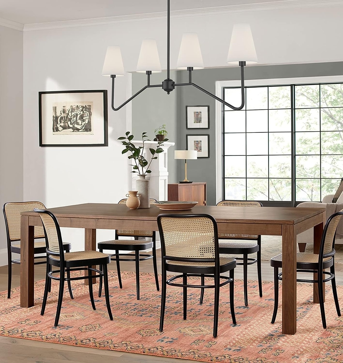 Classic Chandeliers Matt Black with White Linen Shades,Linear Kitchen Island Lighting Fixture