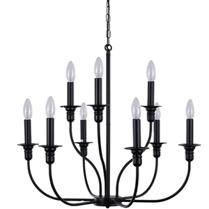 Industrial Retro Rustic Candle Matte Black 9-Light Farmhouse Chandelier for Dining Room Hanging Light Fixture