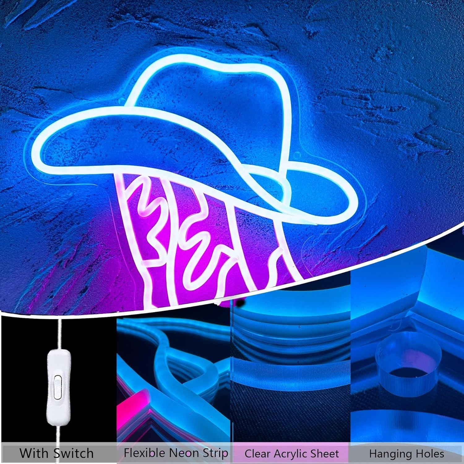 Cowboy Boot and Hat Neon Sign, LED Pink Cowgirl Boots Neon Sign Wall Decor, Pink Aesthetic Western Wall Art