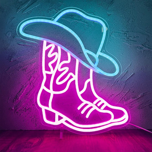 Cowboy Boot and Hat Neon Sign, LED Pink Cowgirl Boots Neon Sign Wall Decor, Pink Aesthetic Western Wall Art