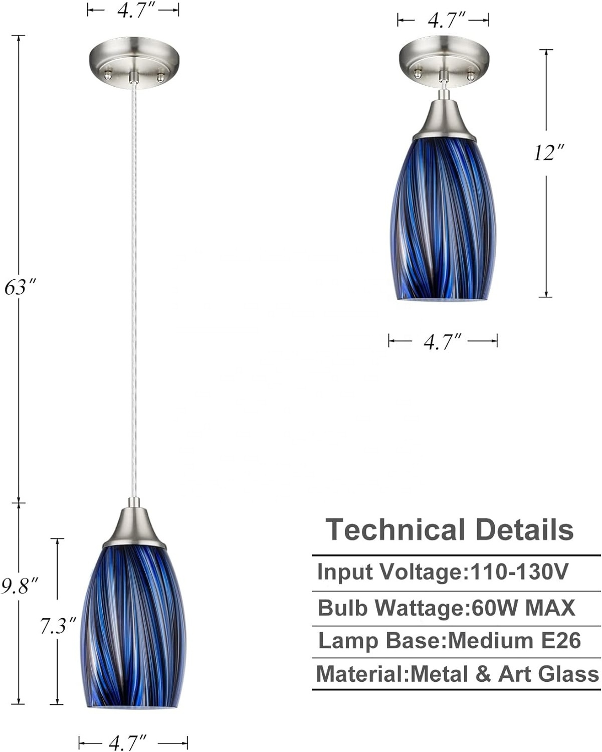 Woholitable Dark Blue Glass Mini Pendant Lights for Blown Art Glass Pendant Lighting Shade Brushed Nickel Finish